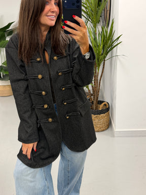The Long Line Herringbone Style  Military Jacket - Black