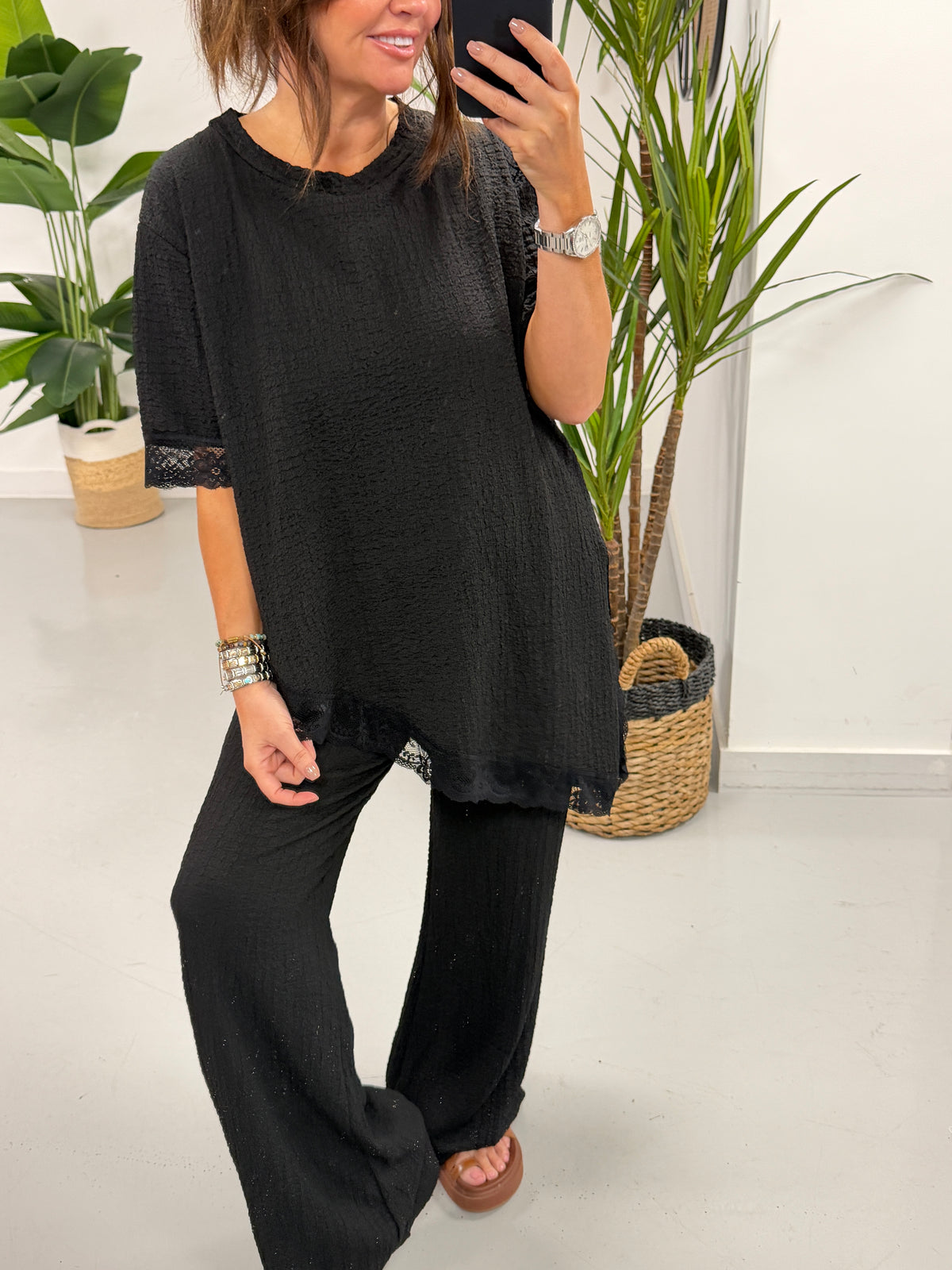 The Hallie Asymmetric Lace Two Piece - Black (Lace Sleeve)