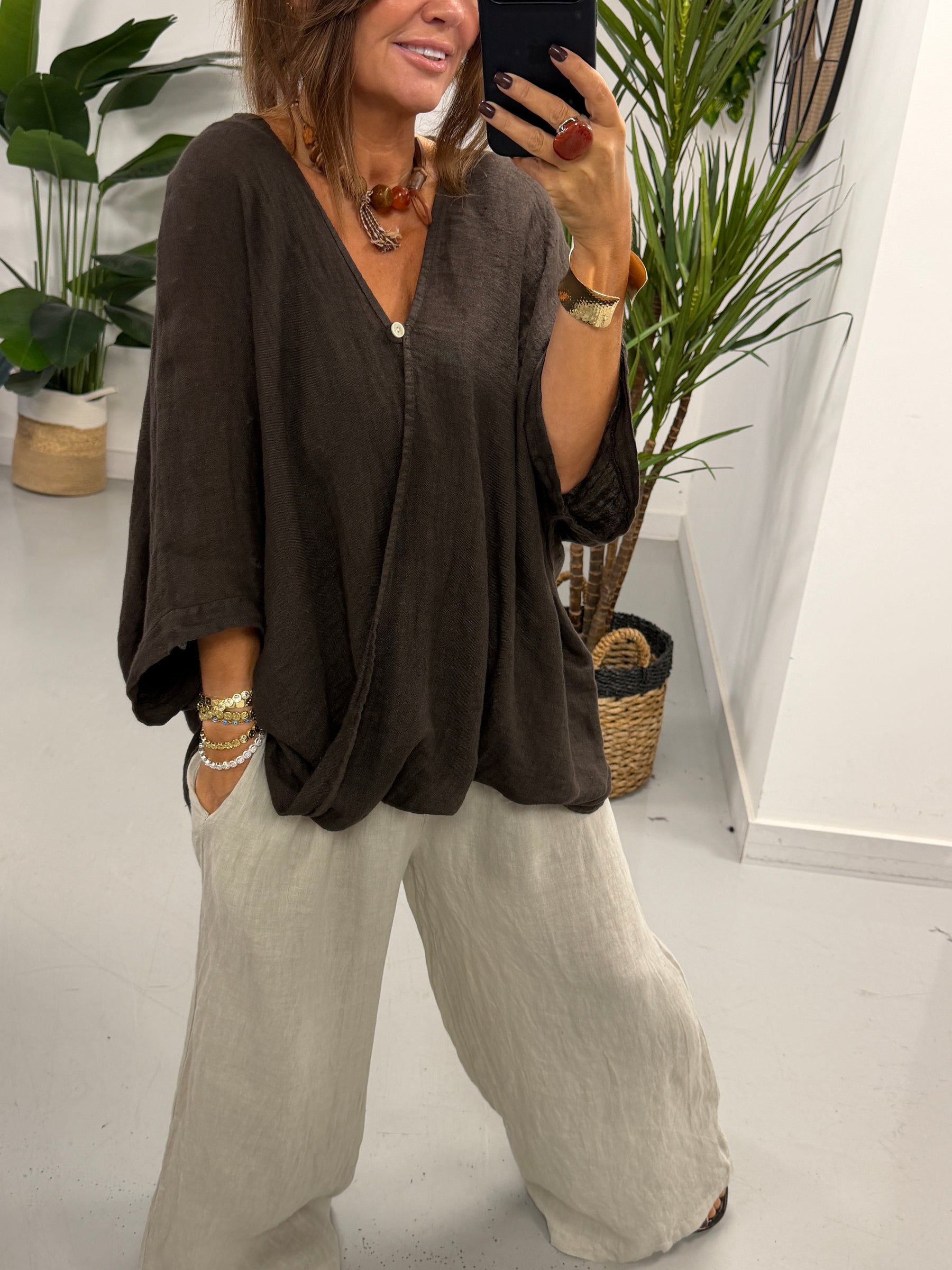 The Bali Linen One Button Tunic - Chocolate