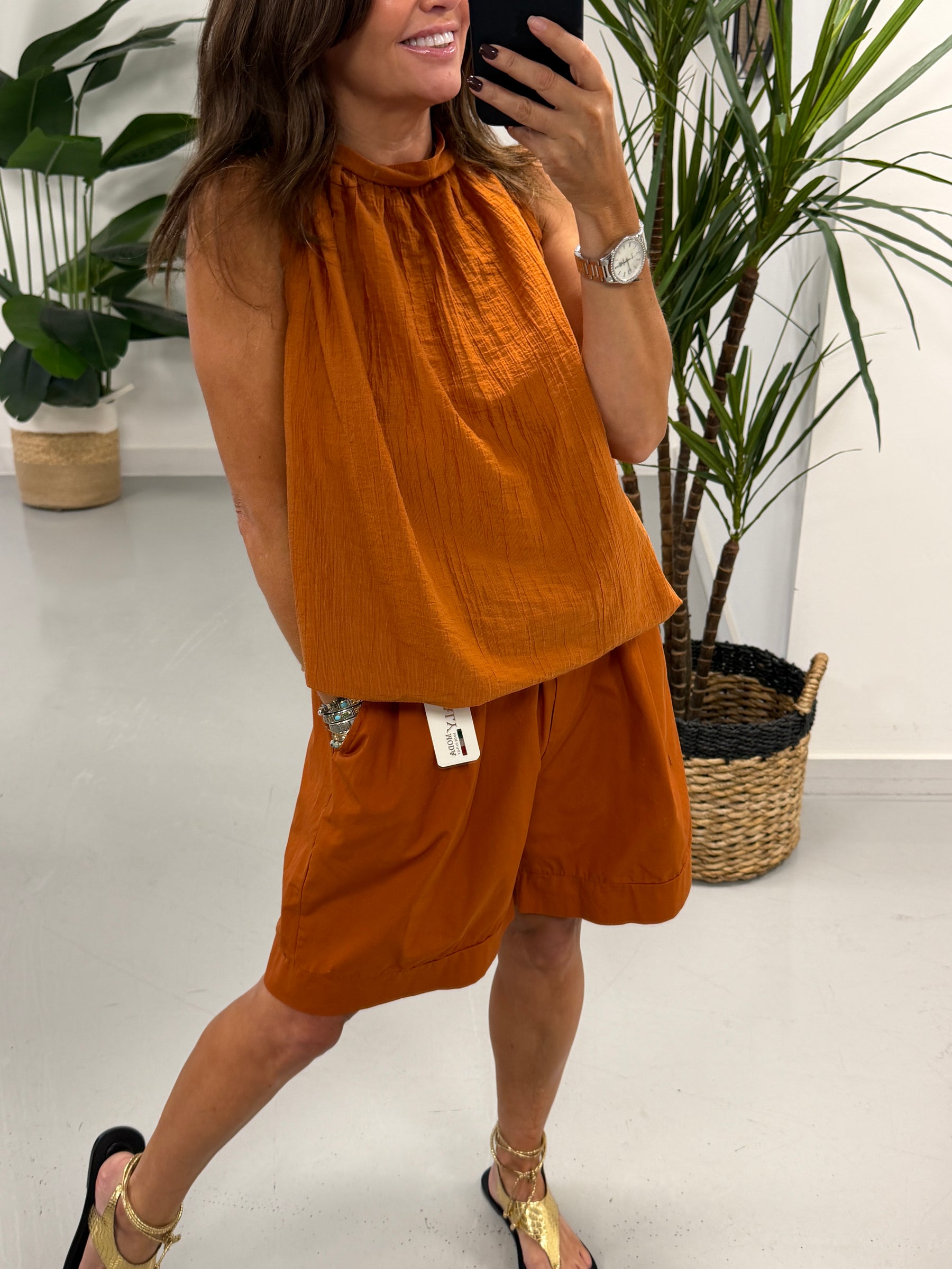 The Crinkle Halterneck Short Set - Rust