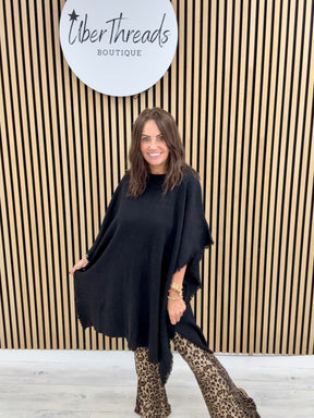 The Frayed Button Poncho - Black