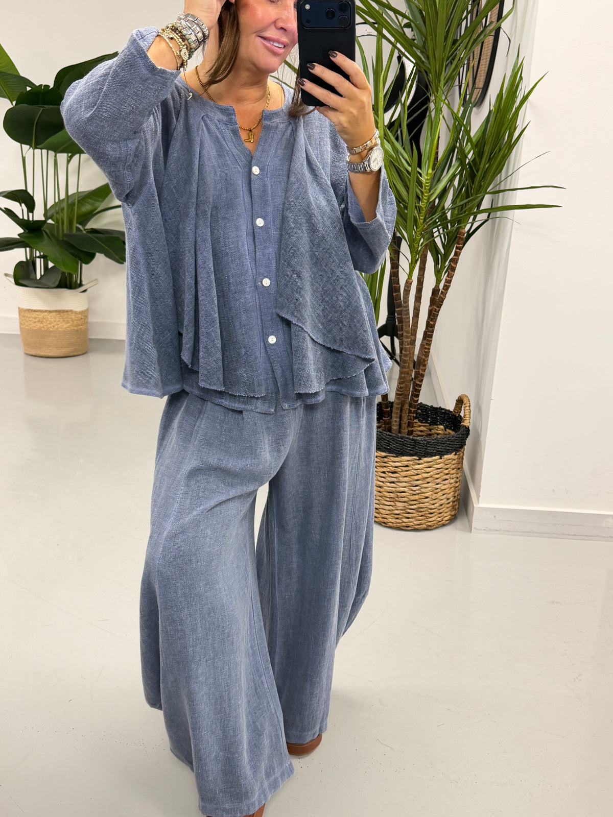 Sahara Ruffle Button Blouse - Denim Blue