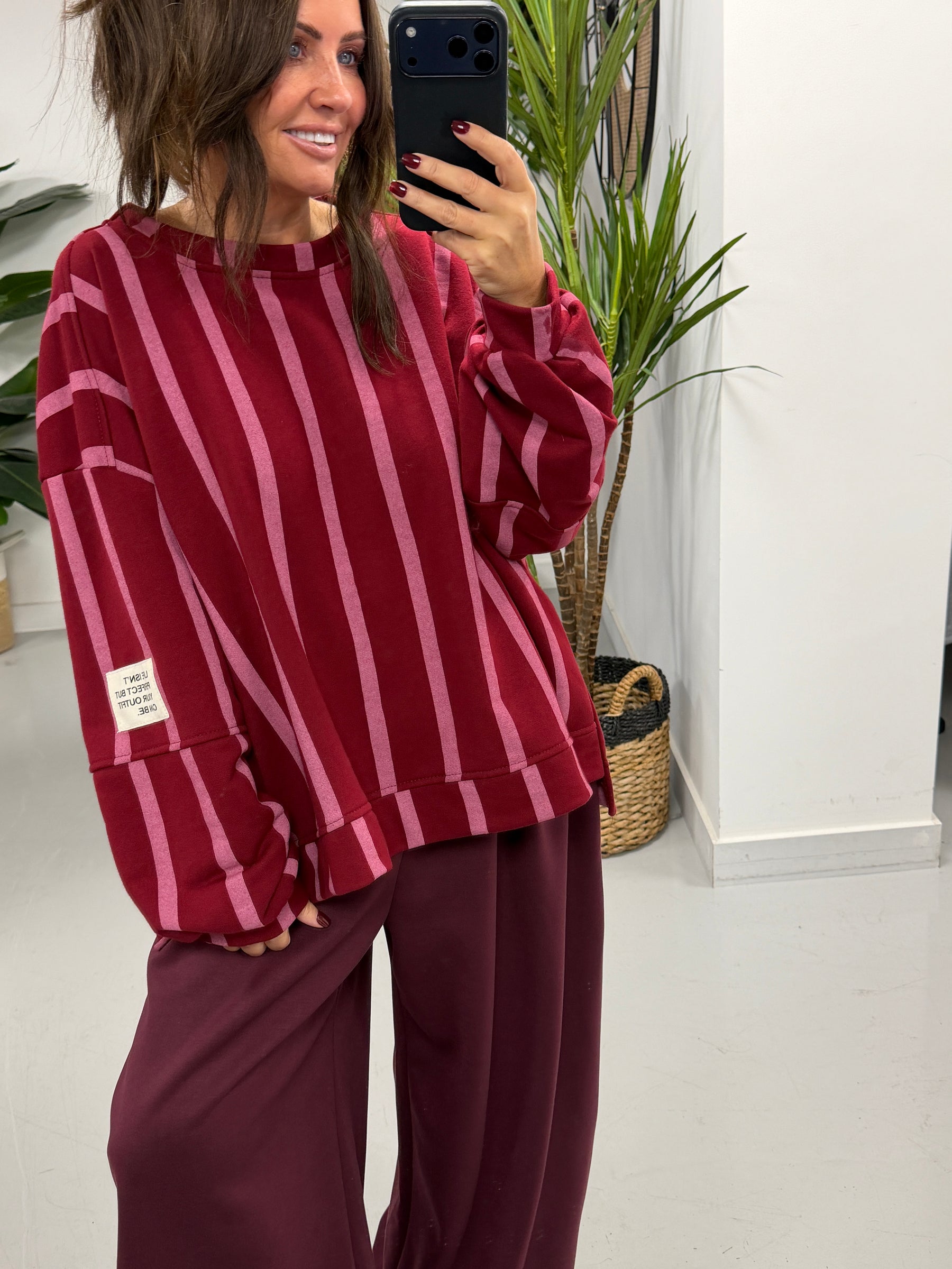 Sunset Stripe  “Life Isn’t Perfect” Sweater - Wine/Pink
