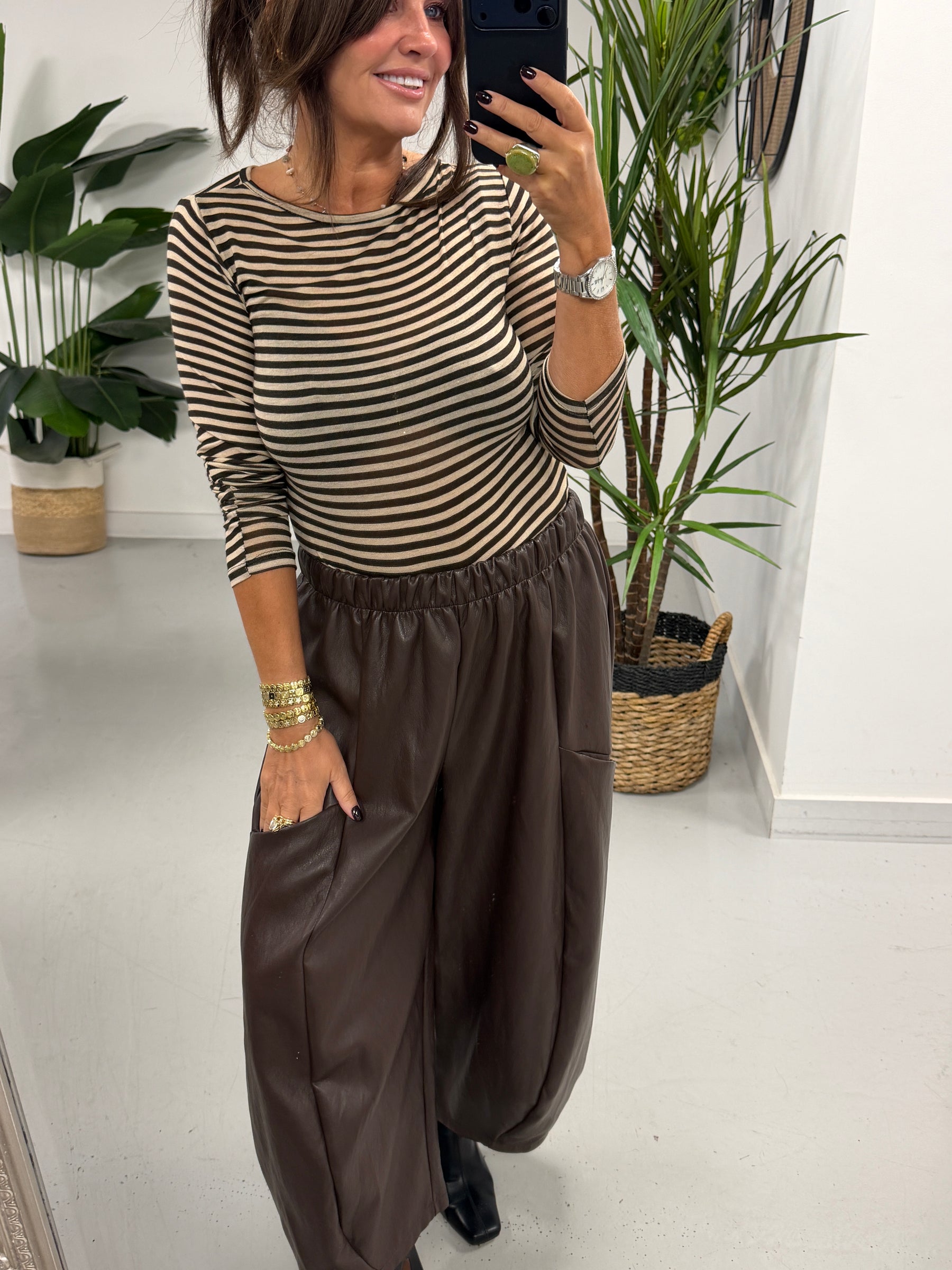 The Knightsbridge Butter Soft PU Barrel Trousers - Chocolate (Size 12-16)