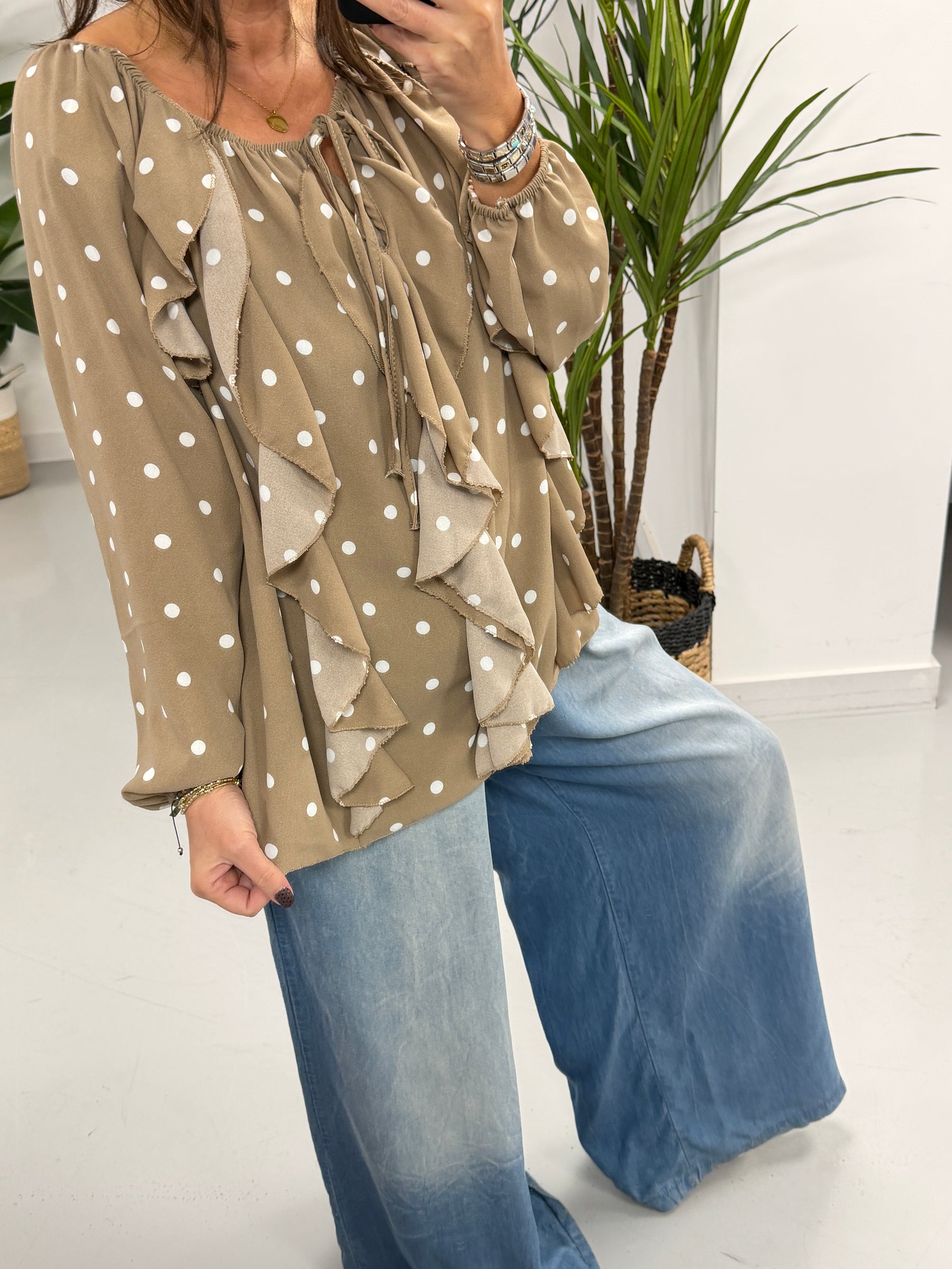 Dotty Waterfall Blouse - Mocha