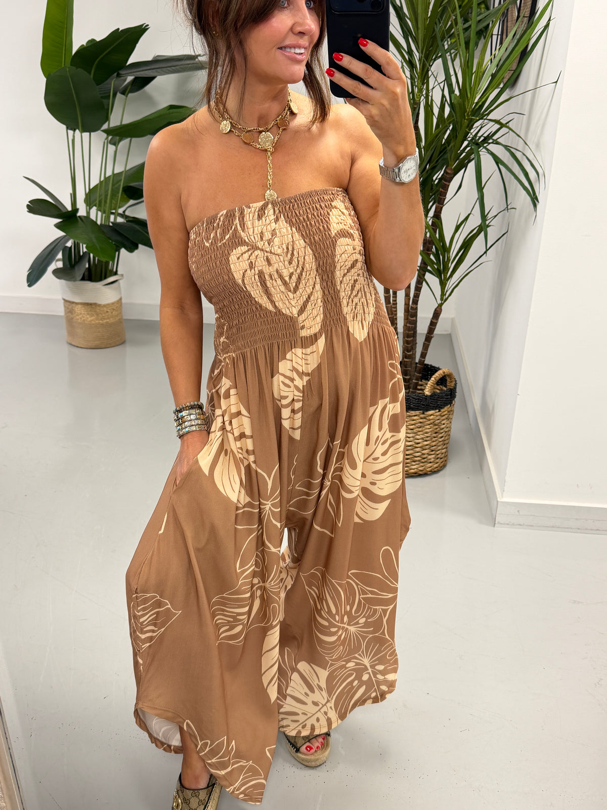 Pre Order Leaf Bardot Jumpsuit - Coffee/Cream