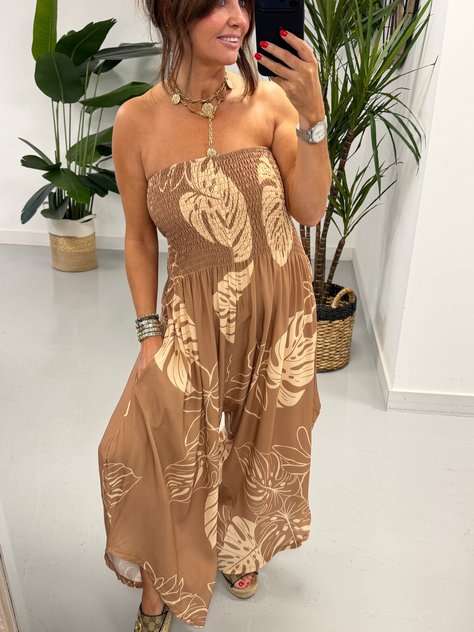 Leaf Bardot Jumpsuit - Coffee/Cream