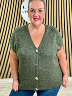 The Knitted Gold Button Waistcoat - Khaki