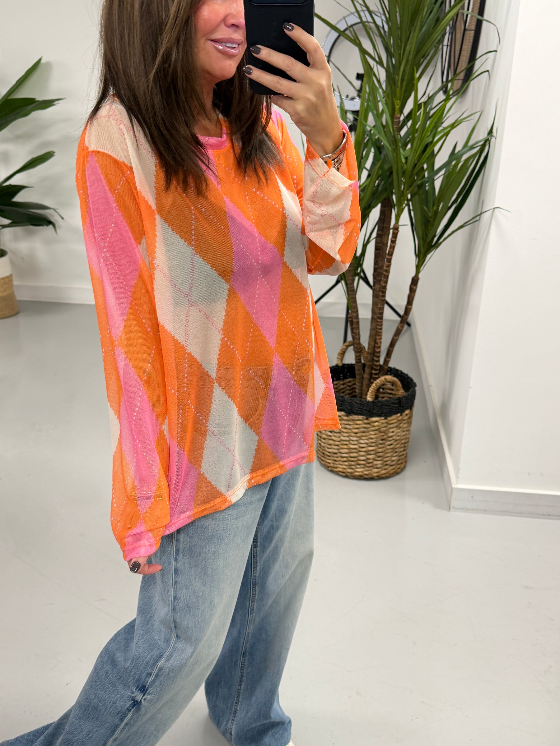 The Tartan Mesh Top - Bright Orange/Pink