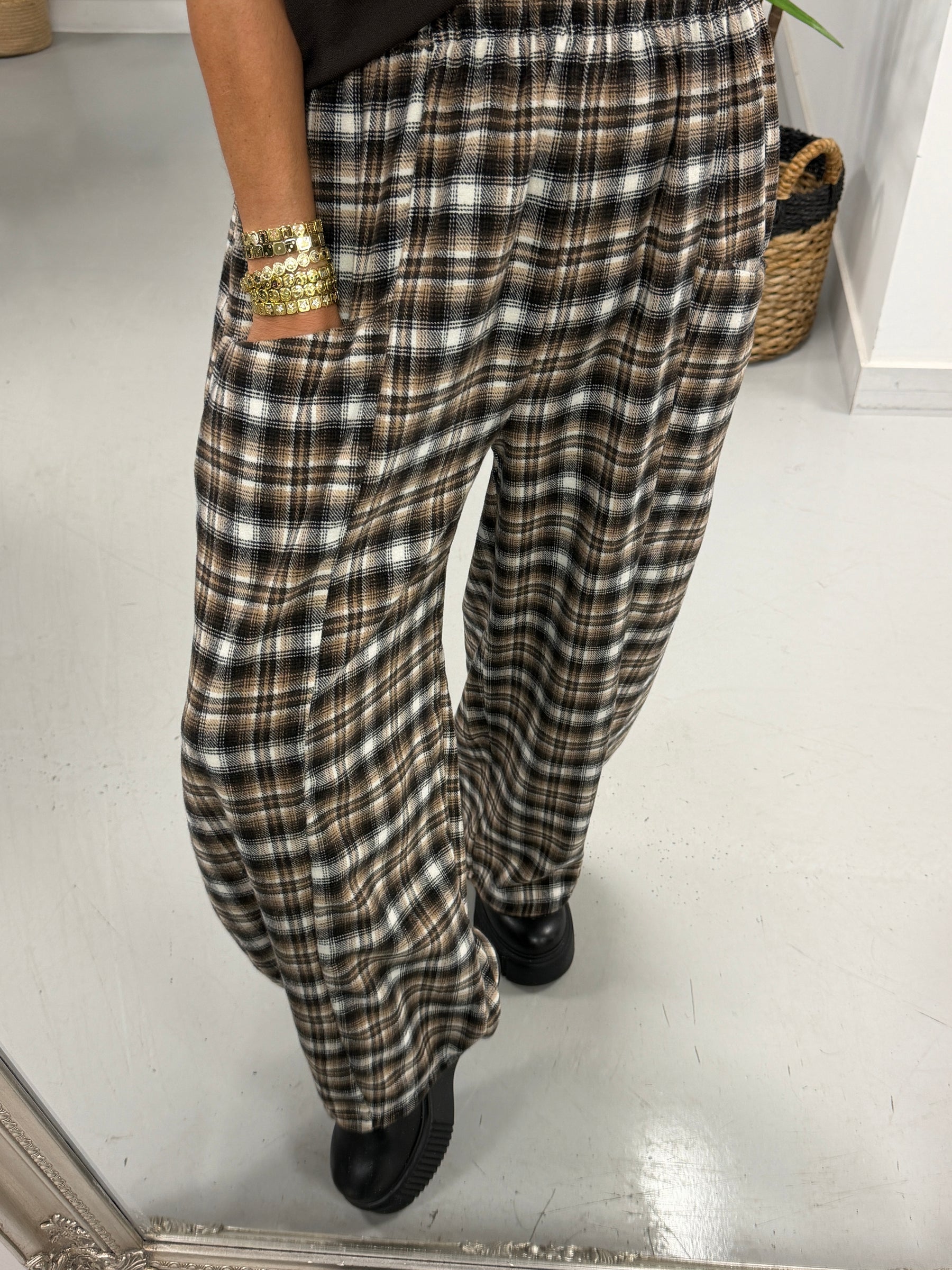 The Bailey Plush Cotton Plaid Barrel Trousers- Chocolate  (Size 10-16)