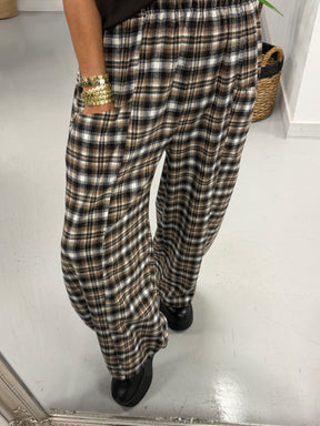 The Bailey Plush Cotton Plaid Barrel Trousers- Chocolate  (Size 10-16)
