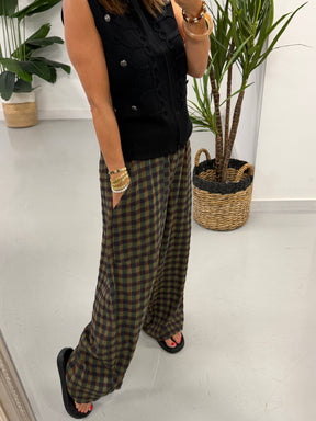 The Autumn Check Baggy Barrel Trousers - Olive Green/Blue
