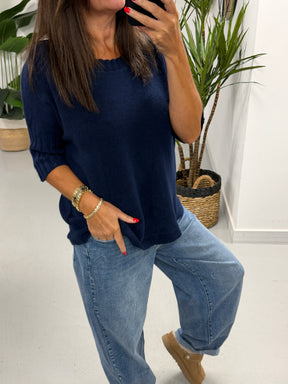 Crop Sleeve Boat Neck Knit - Navy