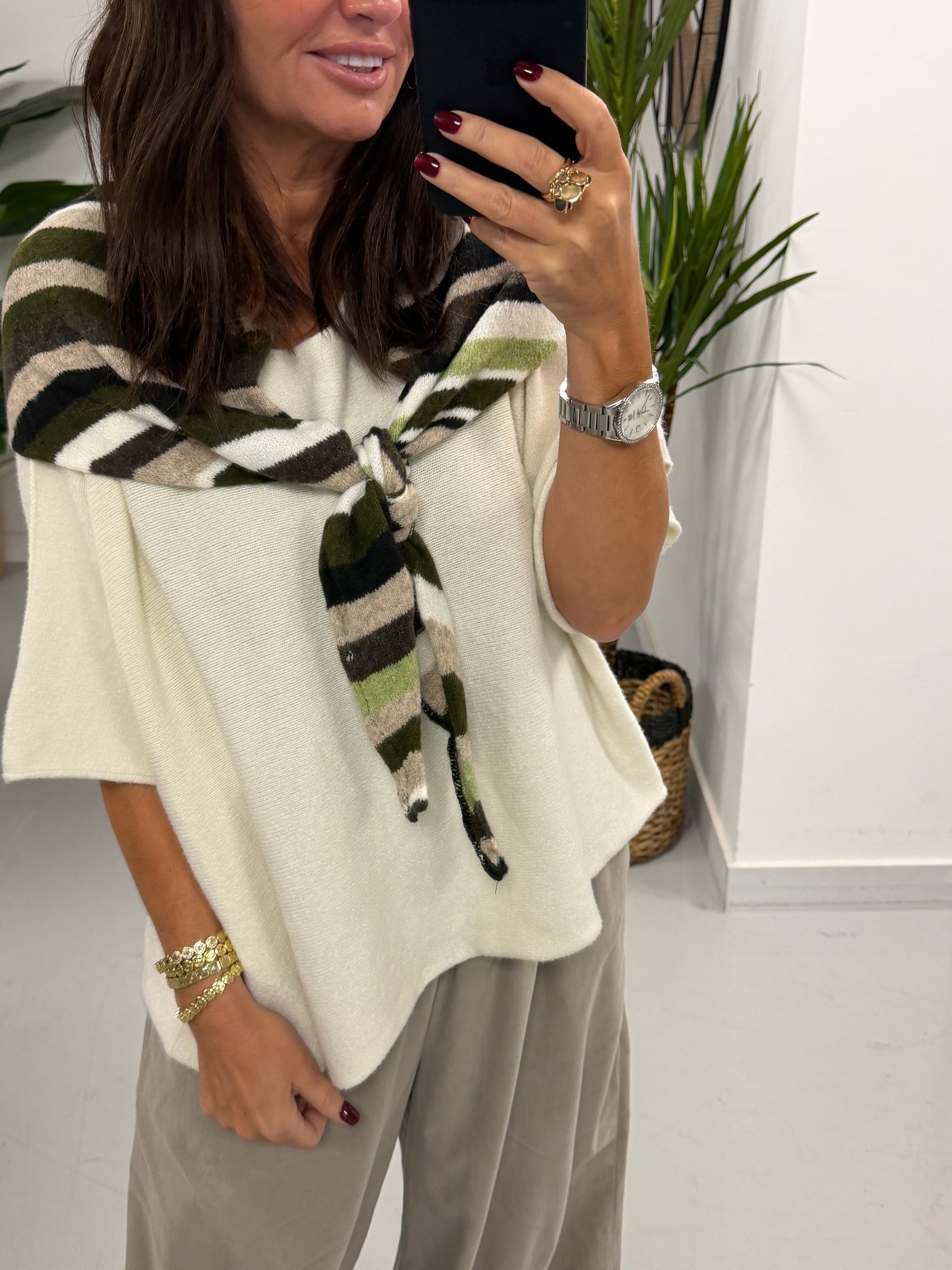 Wool Mix Neckerchief Stripe Scarf - Green/Brown