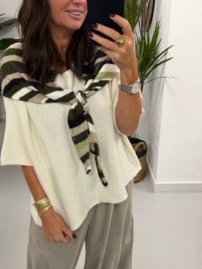 Wool Mix Neckerchief Stripe Scarf - Green/Brown