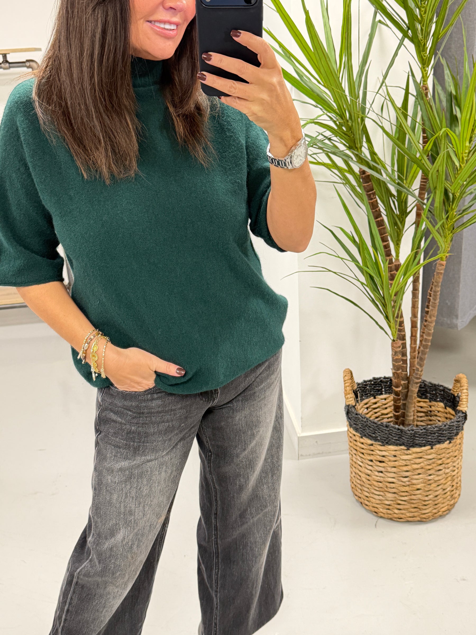 Aspen Crop Sleeve Knit - Forest Green
