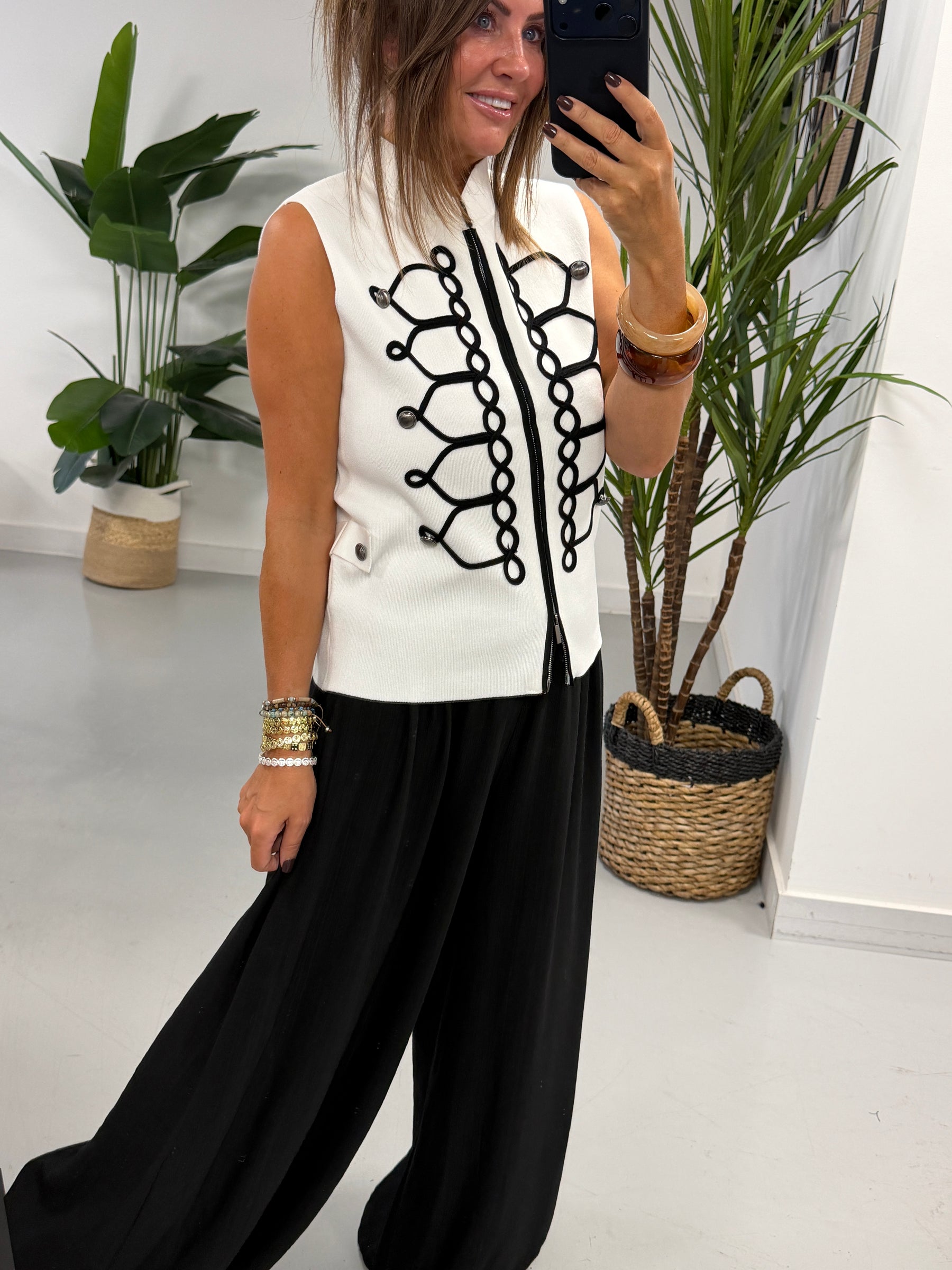 Military Patterned Knitted Waistcoat - White/Black