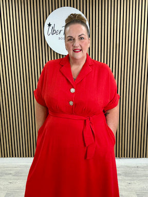 Chunky Button Belted Shirt Dress - Red