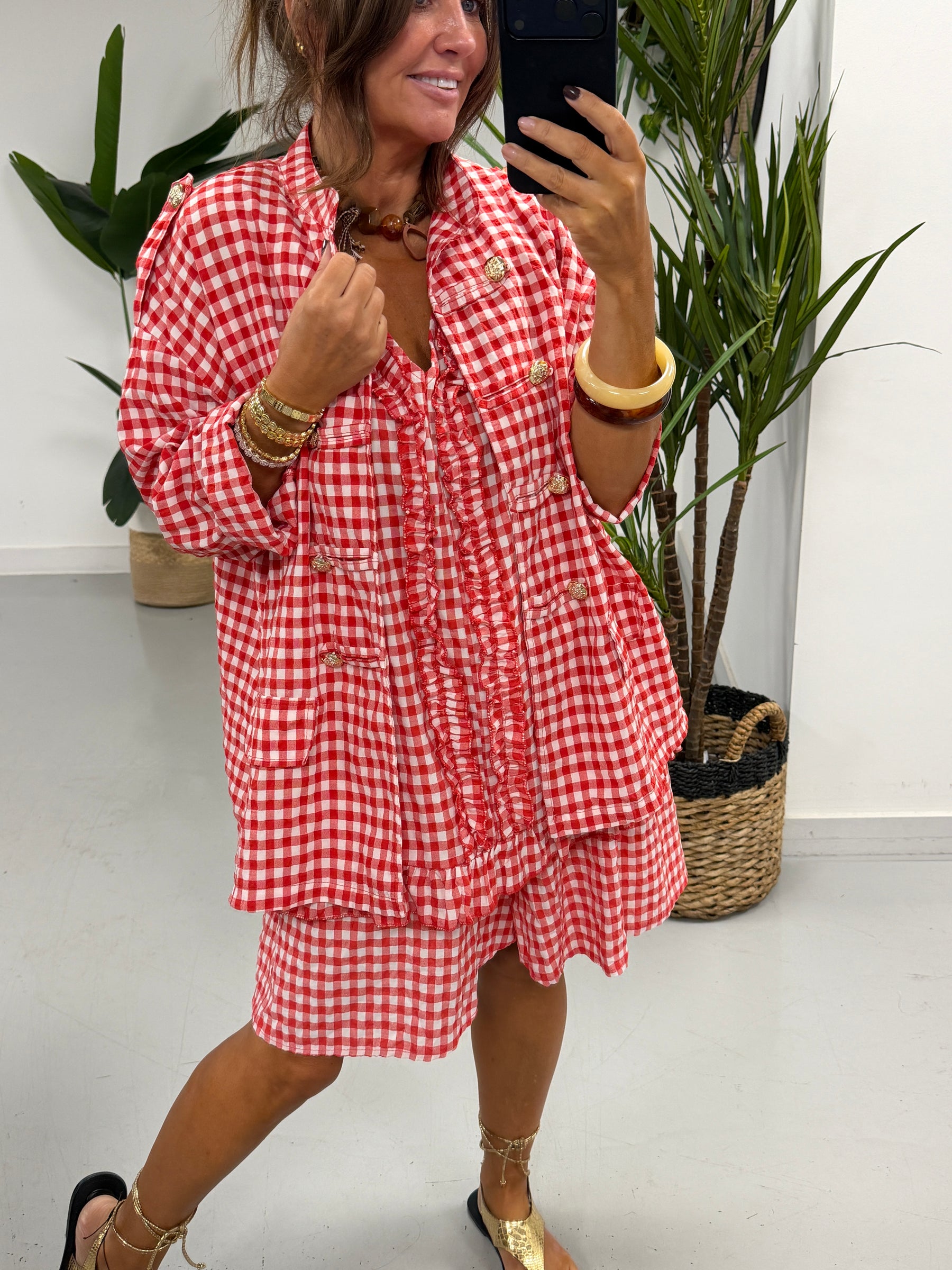 Gingham Military Jacket - Red