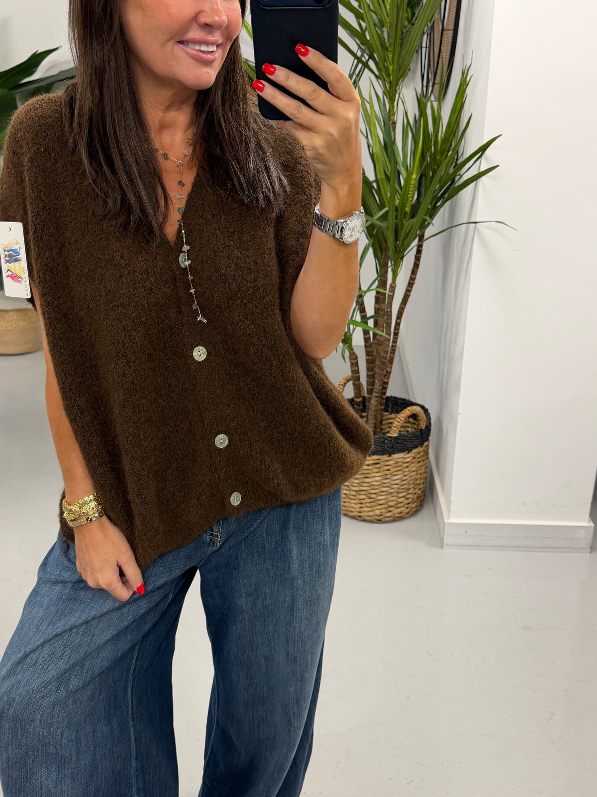 Button Up Slouchy Crop Sleeve Knit - Chocolate
