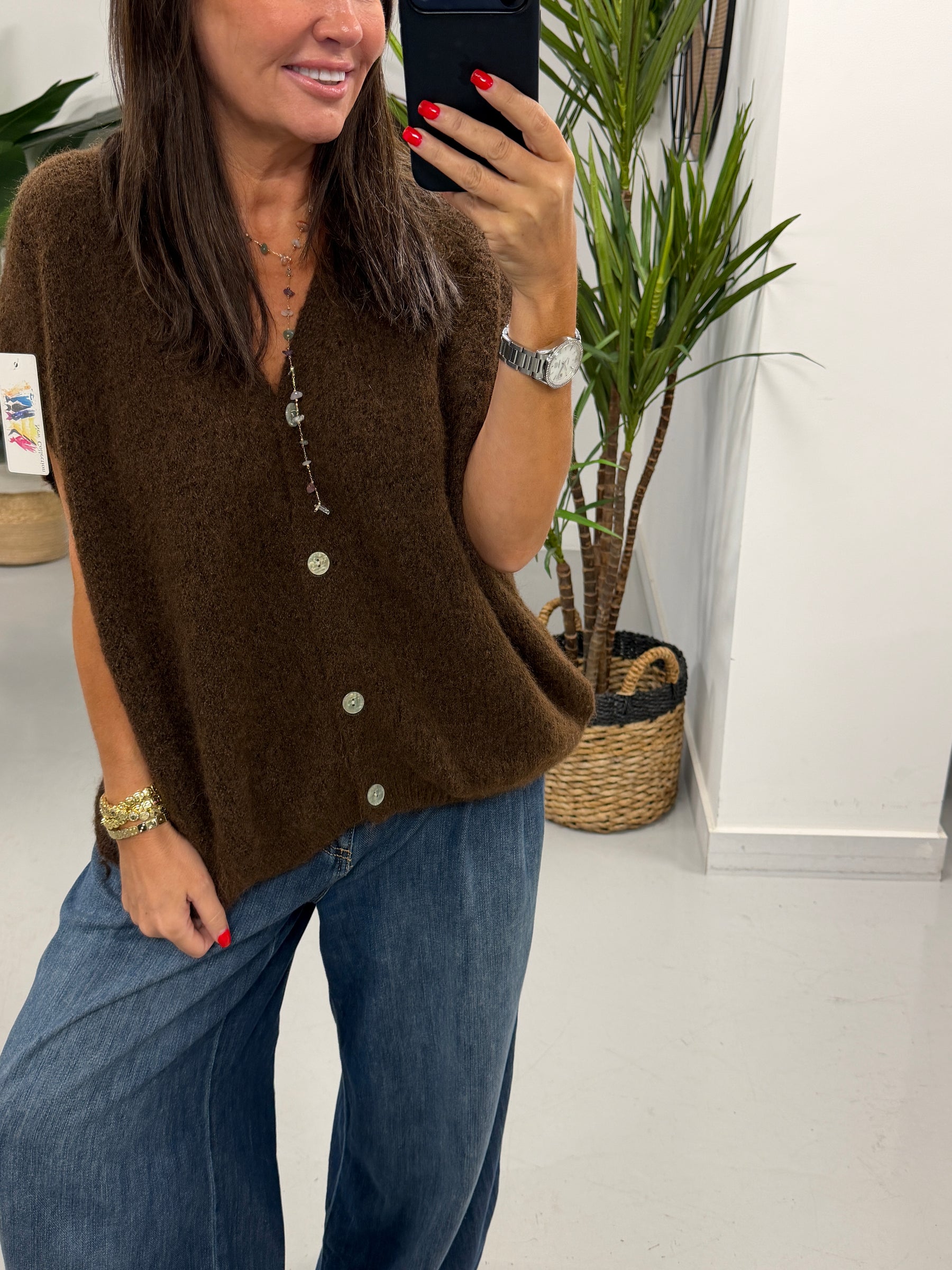 Button Up Slouchy Crop Sleeve Knit - Chocolate