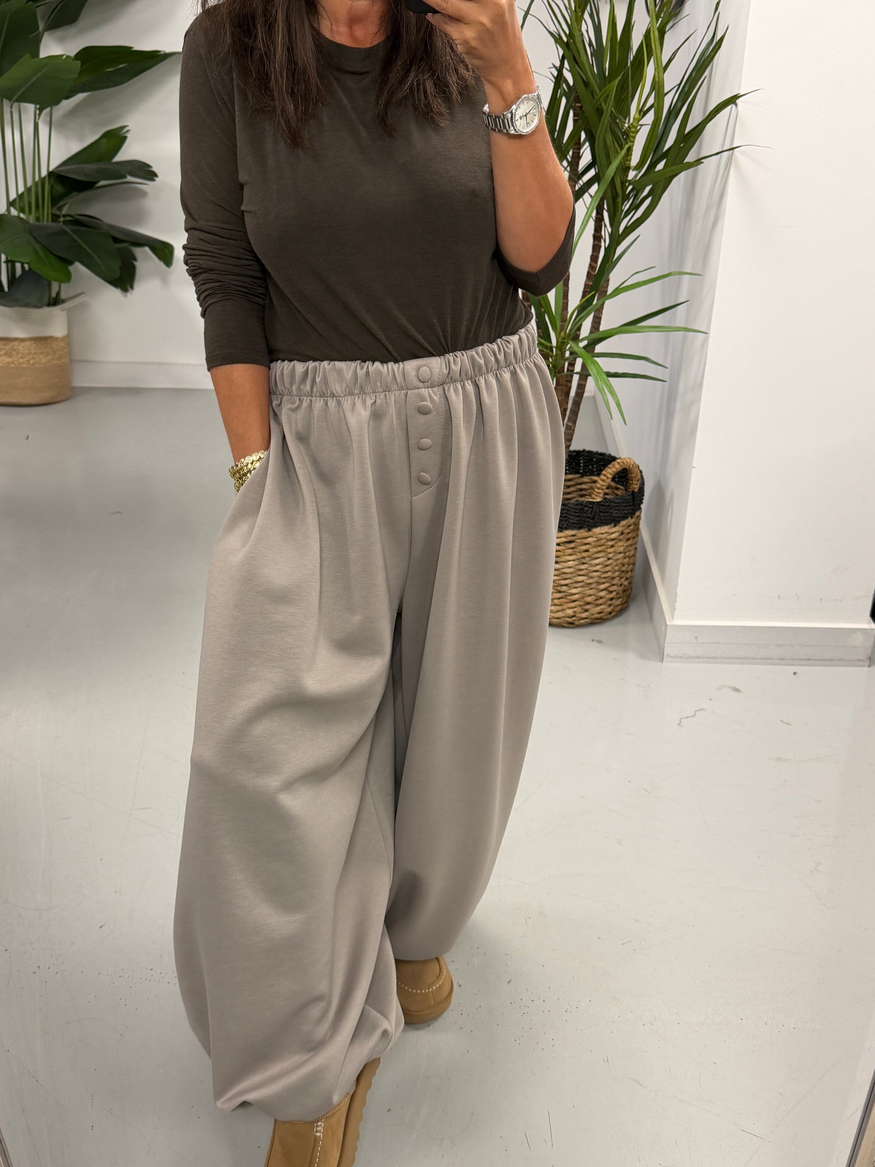 Button Front Balloon Cuff Joggers - Taupe (Size 12-20)