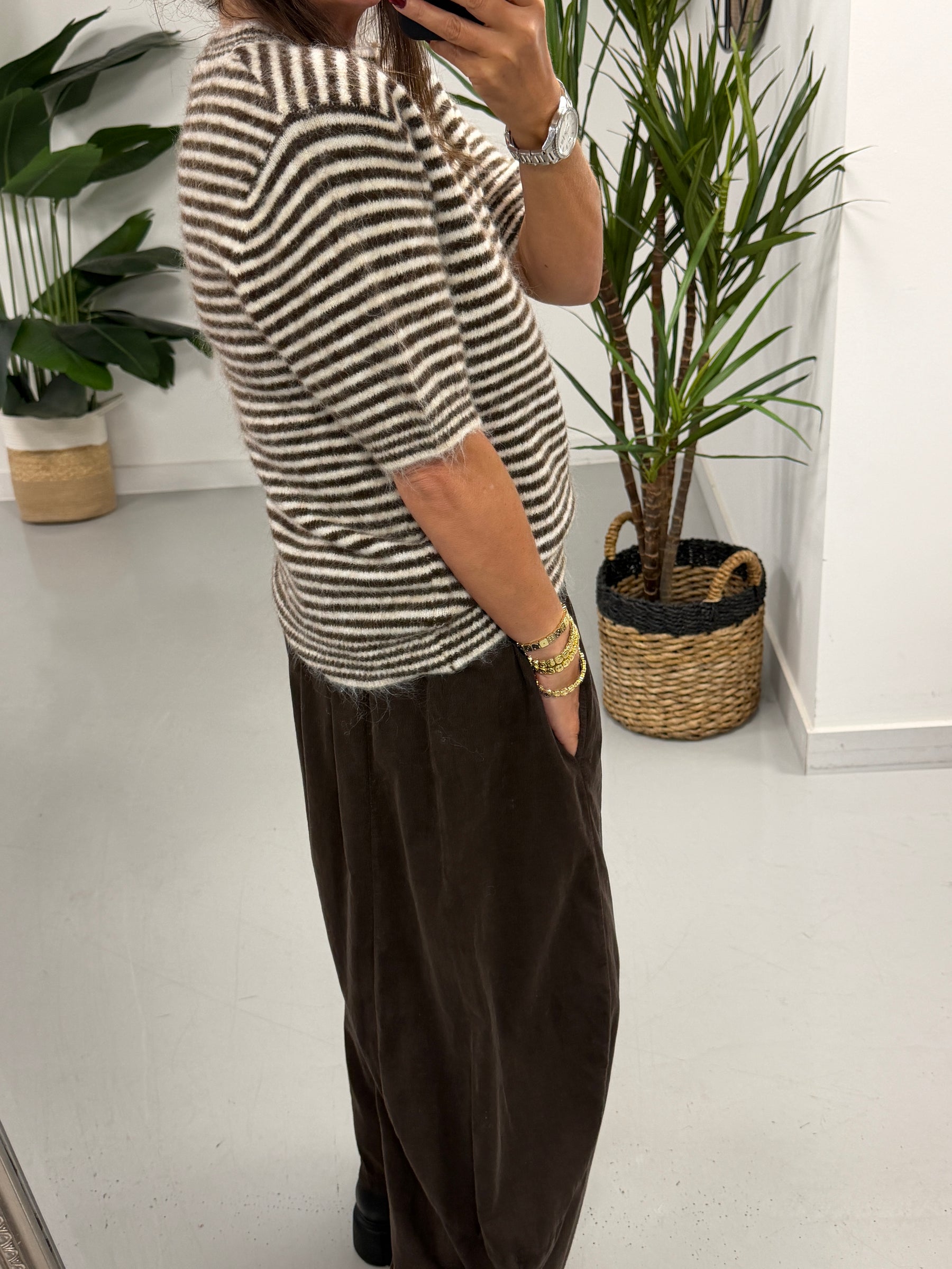 Stripe Crop Sleeve Knit  - Cream/Chocolate (Size 8-14)
