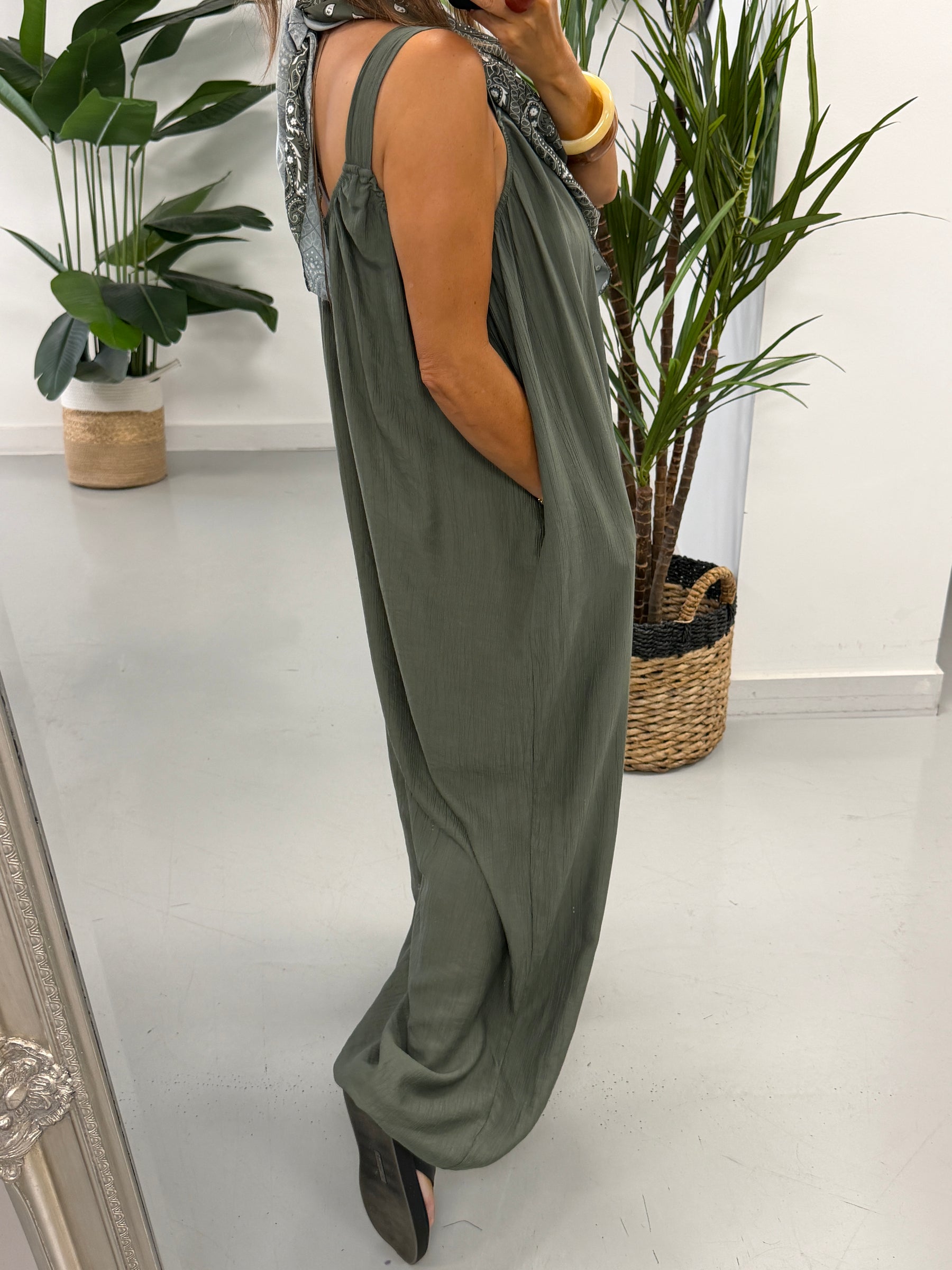 Bandana Scarf Crinkle Jumpsuit - Khaki