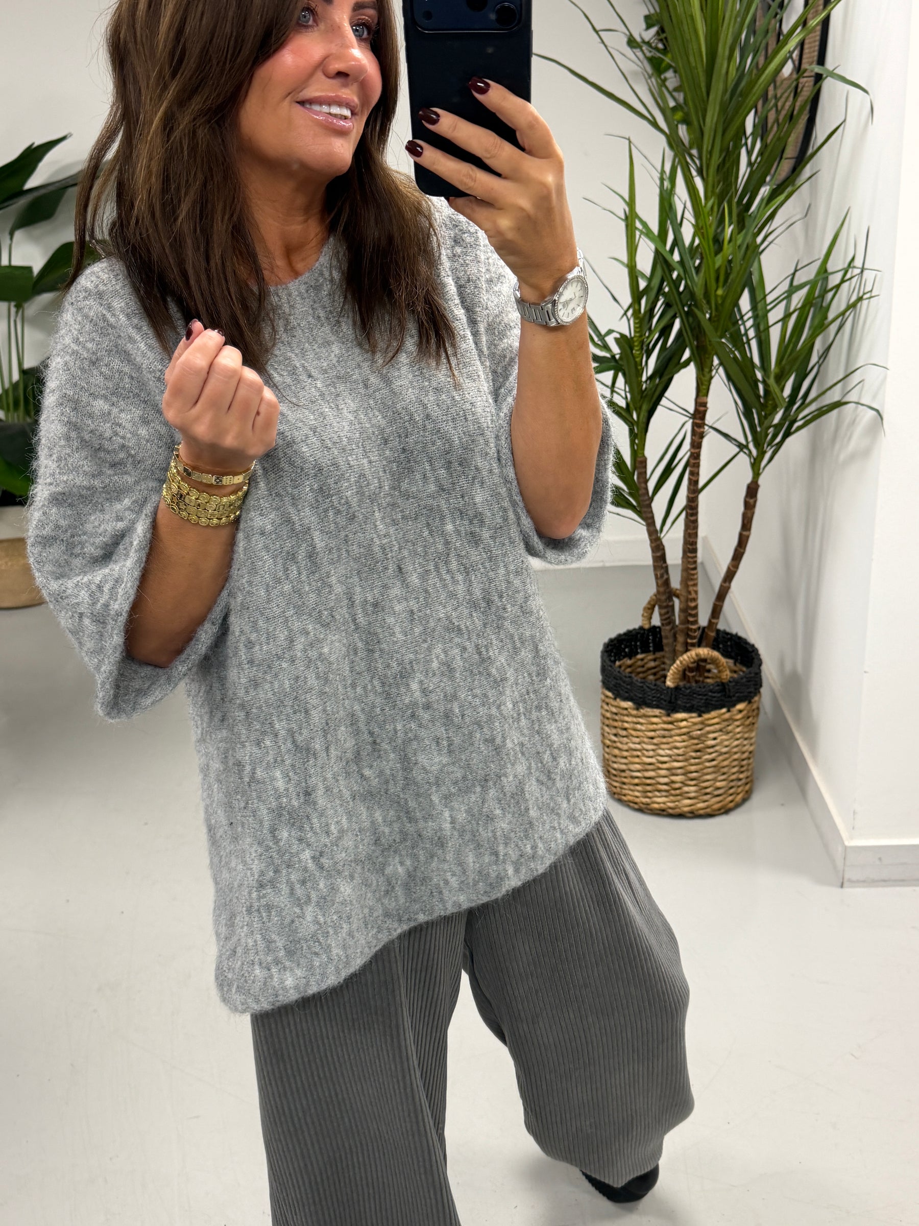 Sofia Soft Knit Crop Sleeve Knit Jumper - Grey (Size 10-16)