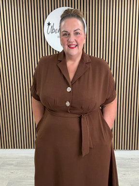 Chunky Button Belted Shirt Dress - Chocolate