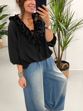 Luna Double Ruffle Blouse - Black