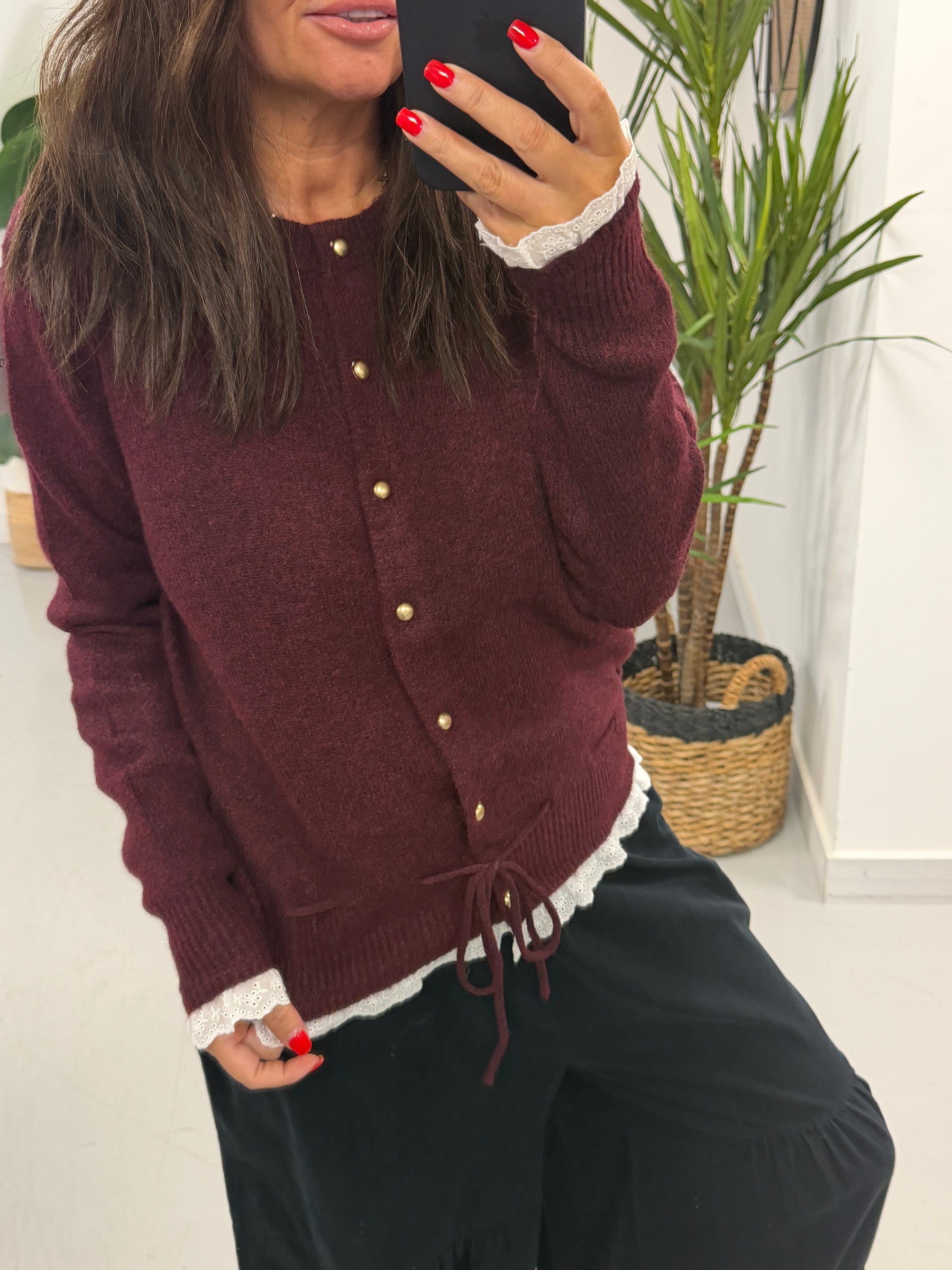 Downtown Ruffle Cardigan - Wine