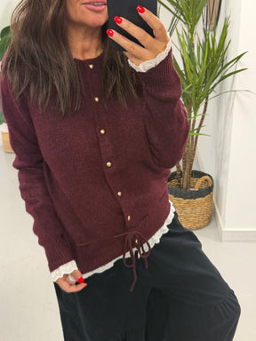 Downtown Ruffle Cardigan - Wine