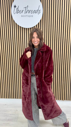 The Safron Longline Faux Fur Coat - Mulberry (fitting to size 14)