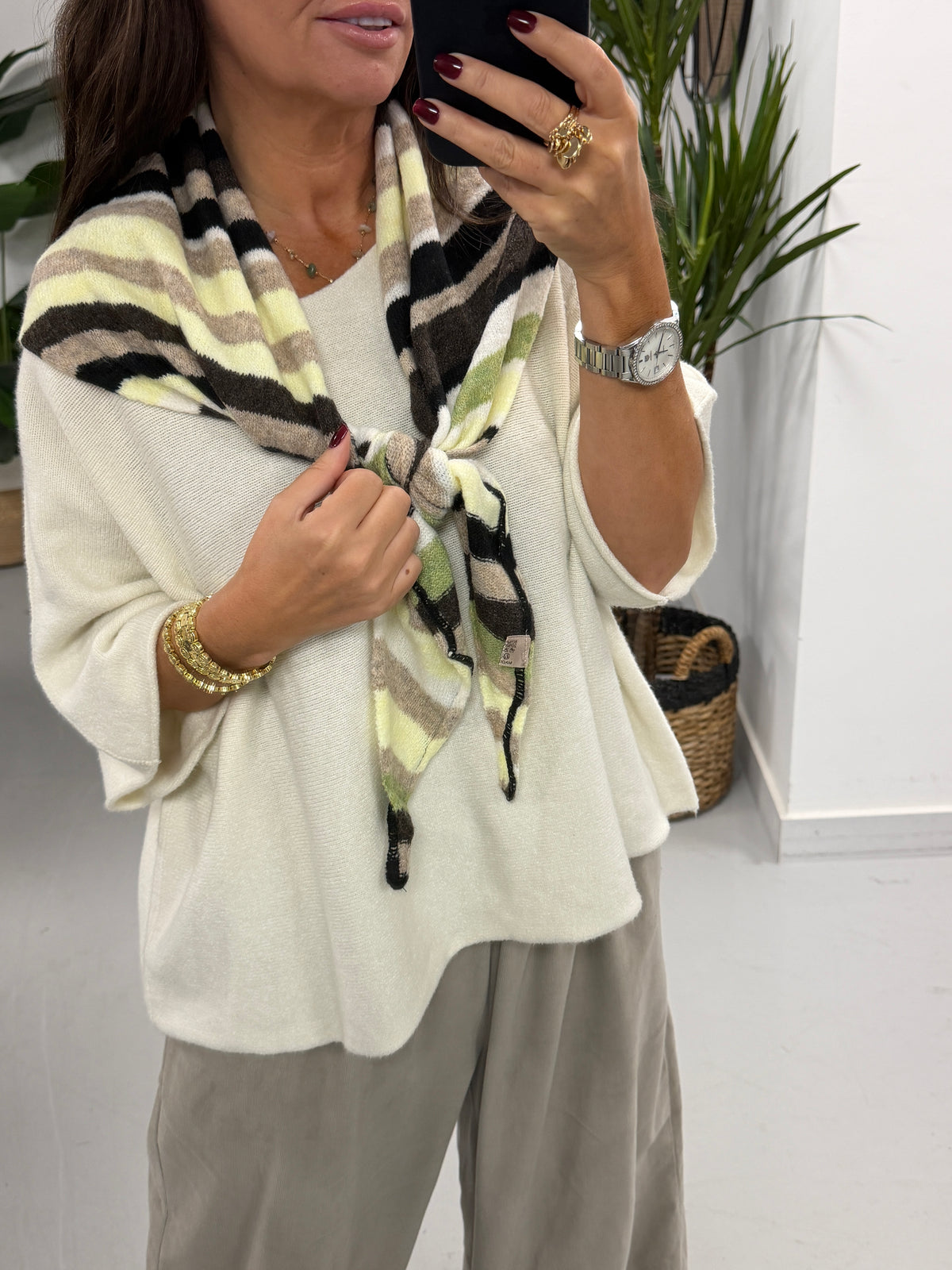 Wool Mix Neckerchief Stripe Scarf - Black/Taupe/Lemon
