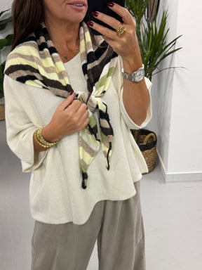 Wool Mix Neckerchief Stripe Scarf - Black/Taupe/Lemon