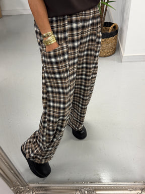 The Bailey Plush Cotton Plaid Barrel Trousers- Chocolate  (Size 10-16)