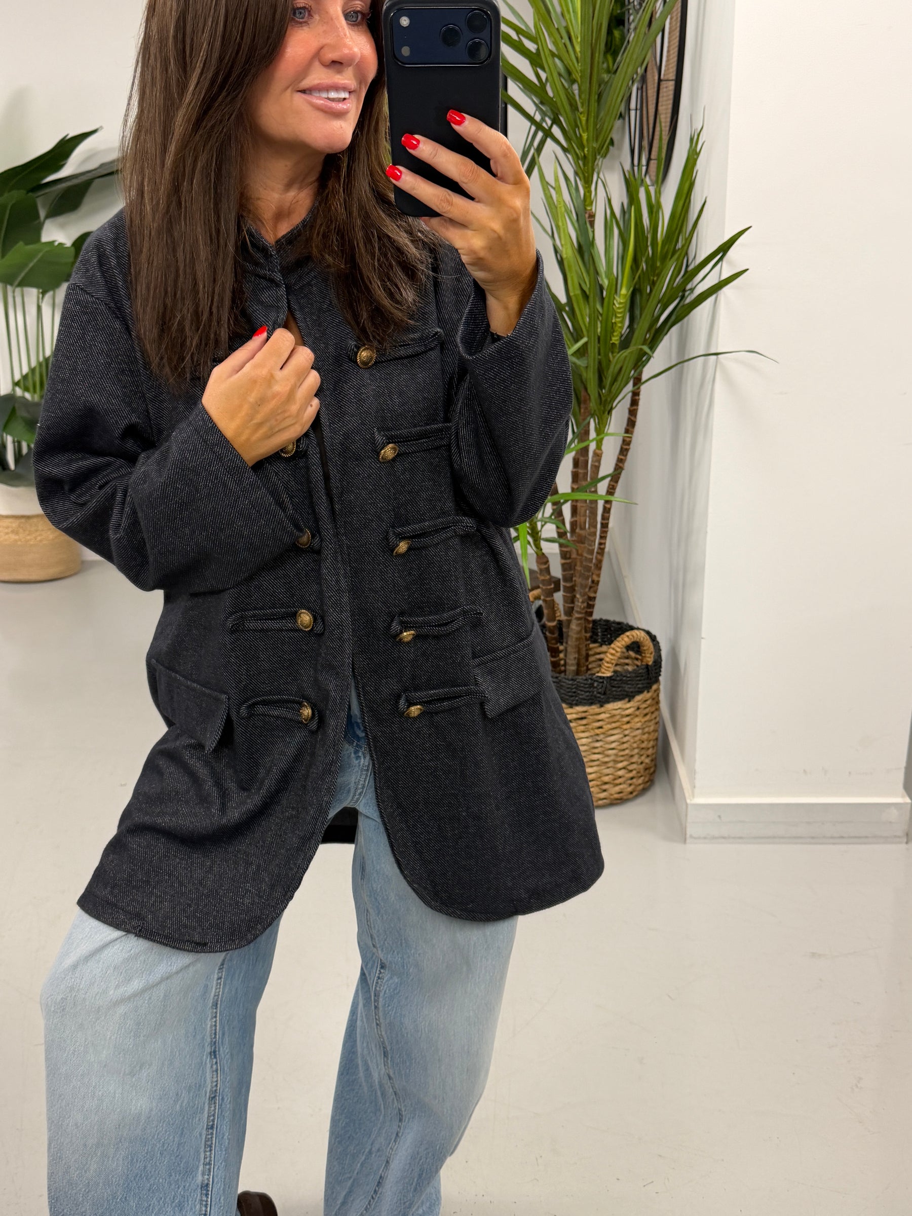 The Long Line Herringbone Style  Military Jacket - Denim Blue