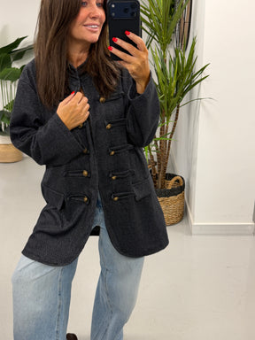 The Long Line Herringbone Style  Military Jacket - Denim Blue