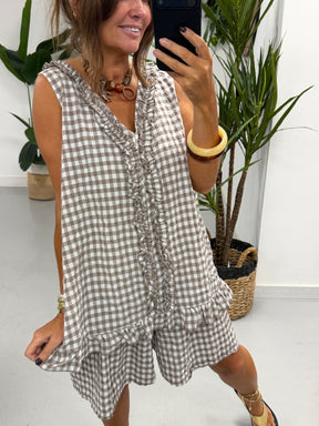 The Gingham Frill Tunic- Light Mocha