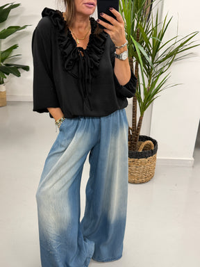 Luna Double Ruffle Blouse - Black