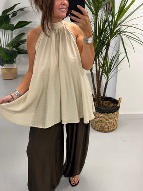 Crinkle Floaty Halter-neck Tunic - Cream