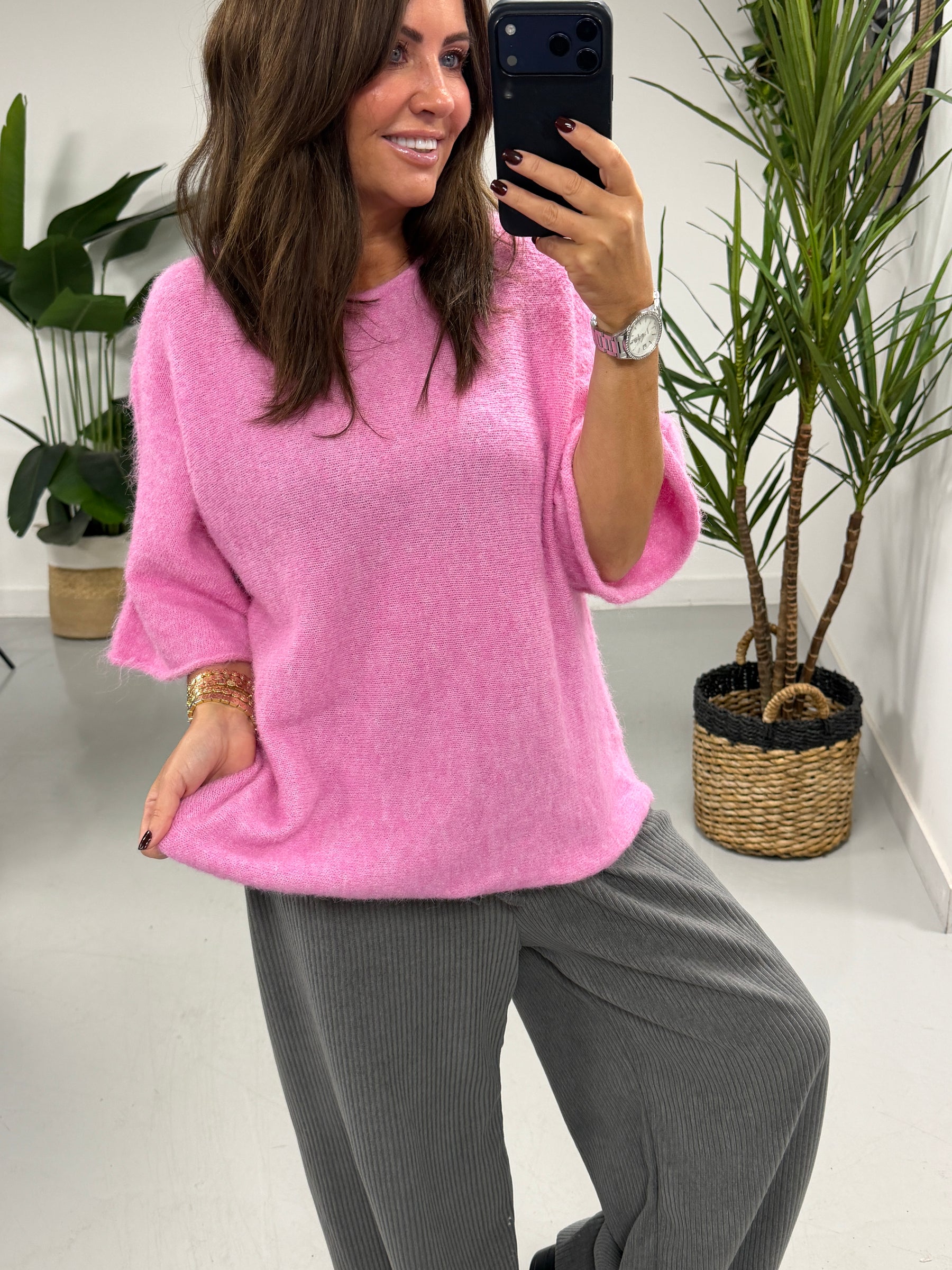 Sofia Soft Knit Crop Sleeve Knit Jumper - Bubble Gum Pink (Size 10-16)