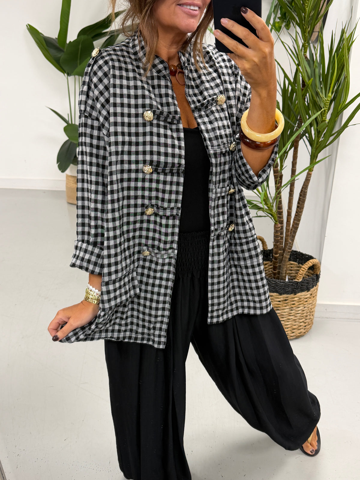 Gingham Military Jacket - Black