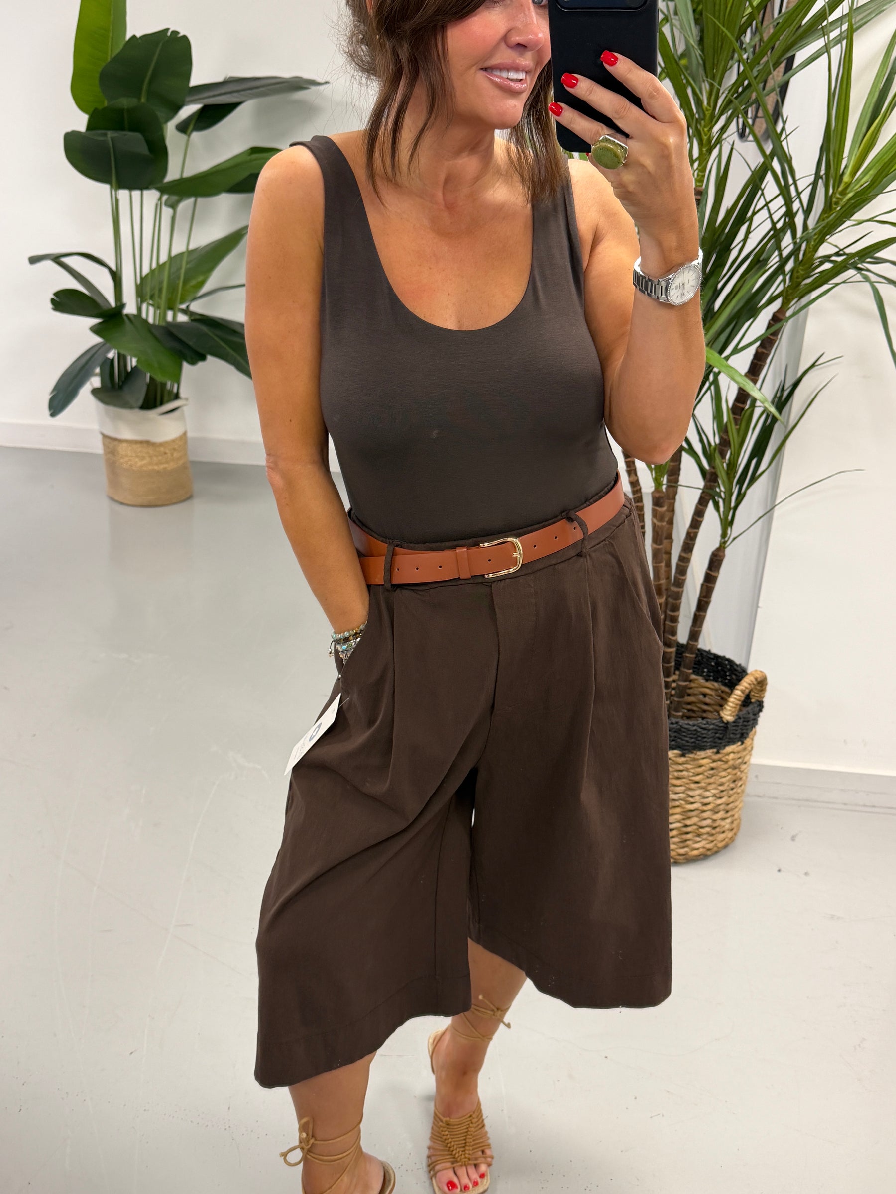 Belted Culotte Shorts - Chocolate