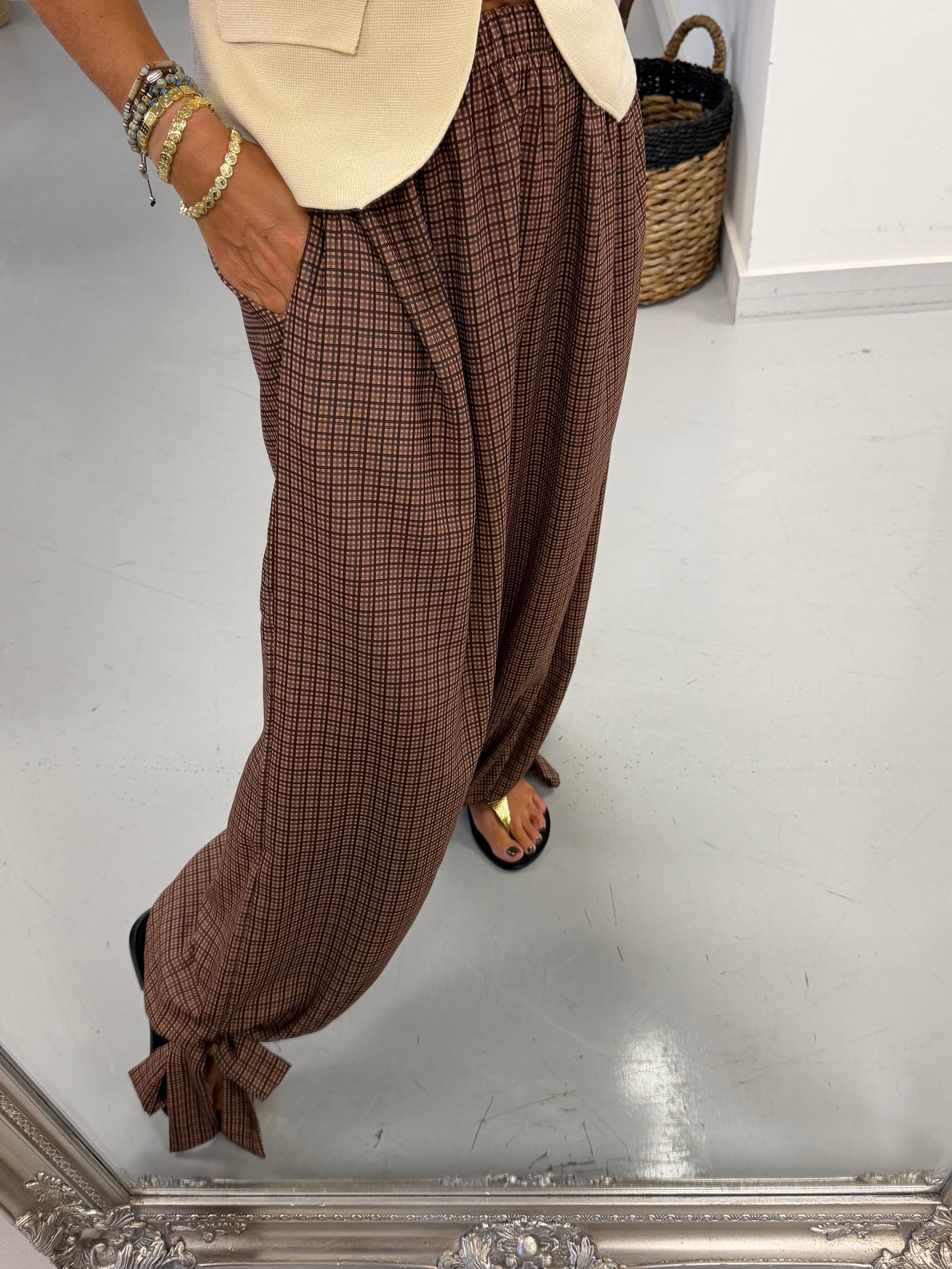 Checked Tie Cuff Trousers - Chocolate