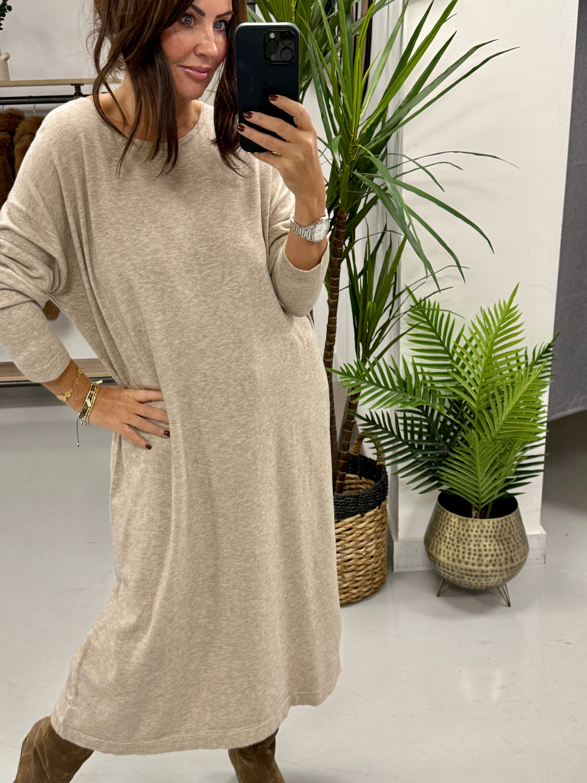 Knitted Button Back Dress - Oatmeal