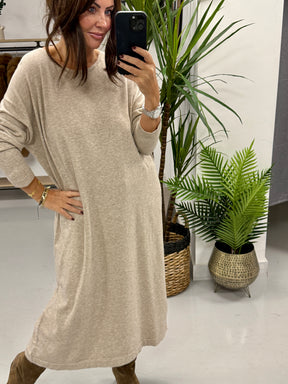 Knitted Button Back Dress - Oatmeal