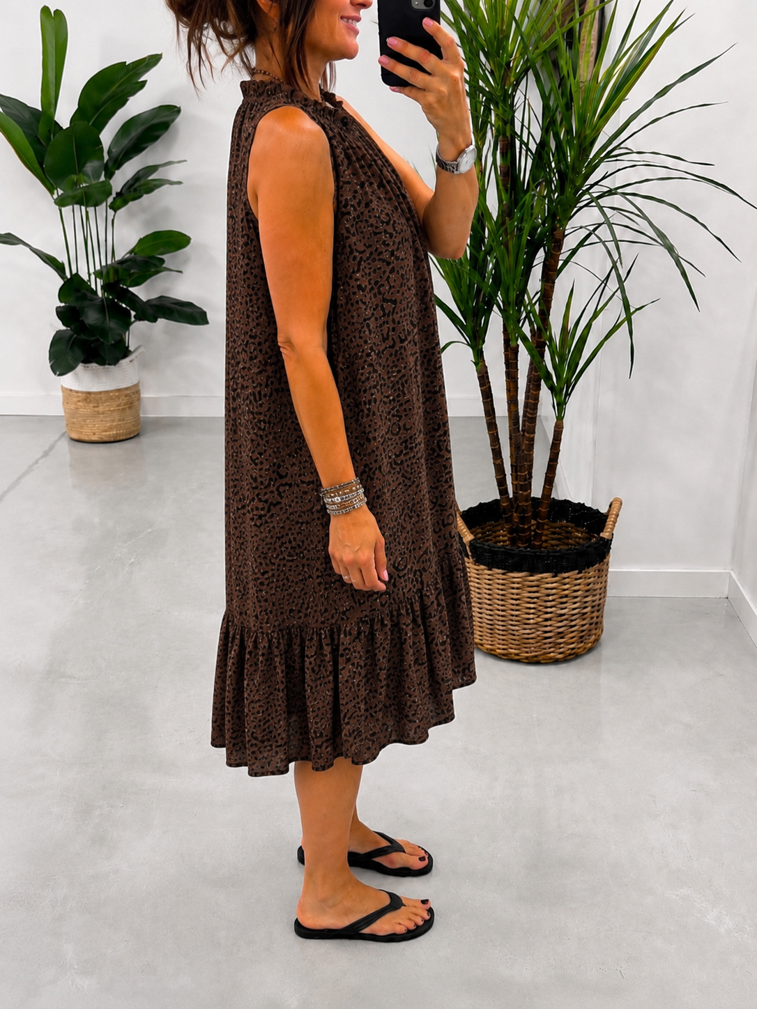 Animal Ruched Neck Dress - Chocolate