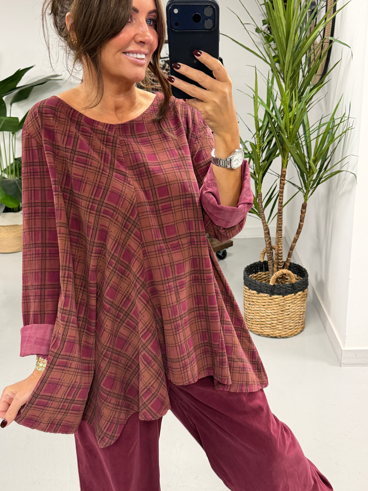 The Herritage Check Needlecord Tunic - Aubergine/Wine (Size 12-16)